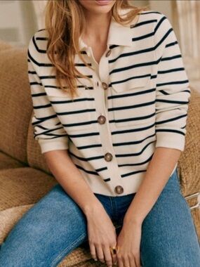 La Maille Sézane écru and black Striped Button-Up Knit Sweater Betty Cardigan